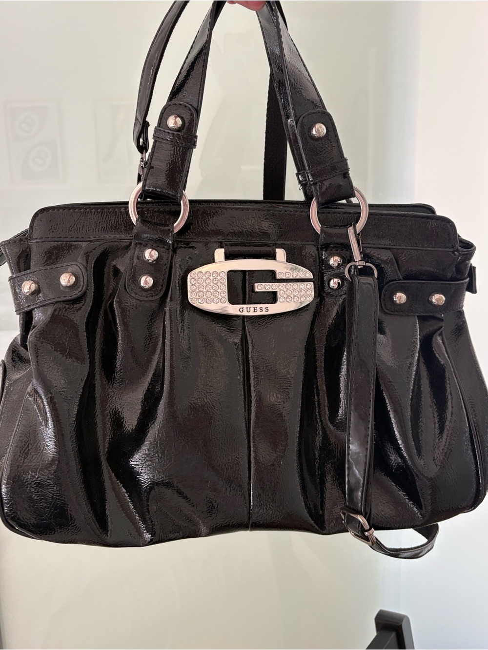 Rare Vintage Y2K GUESS Black Patent Rhinestone G Buckle Shoulder Bag